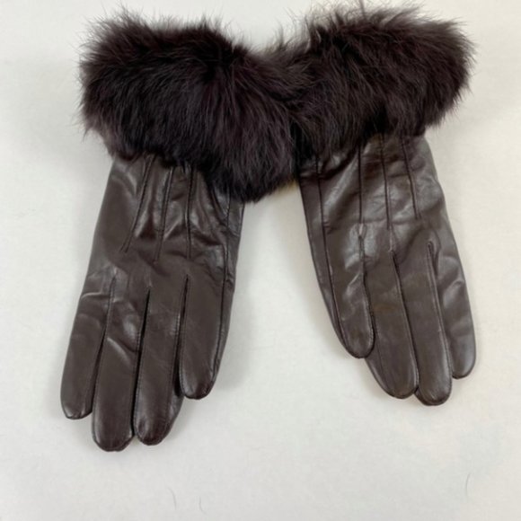 Leather Fur Gloves Large Rabbit Trim Short Brown - Picture 11 of 12